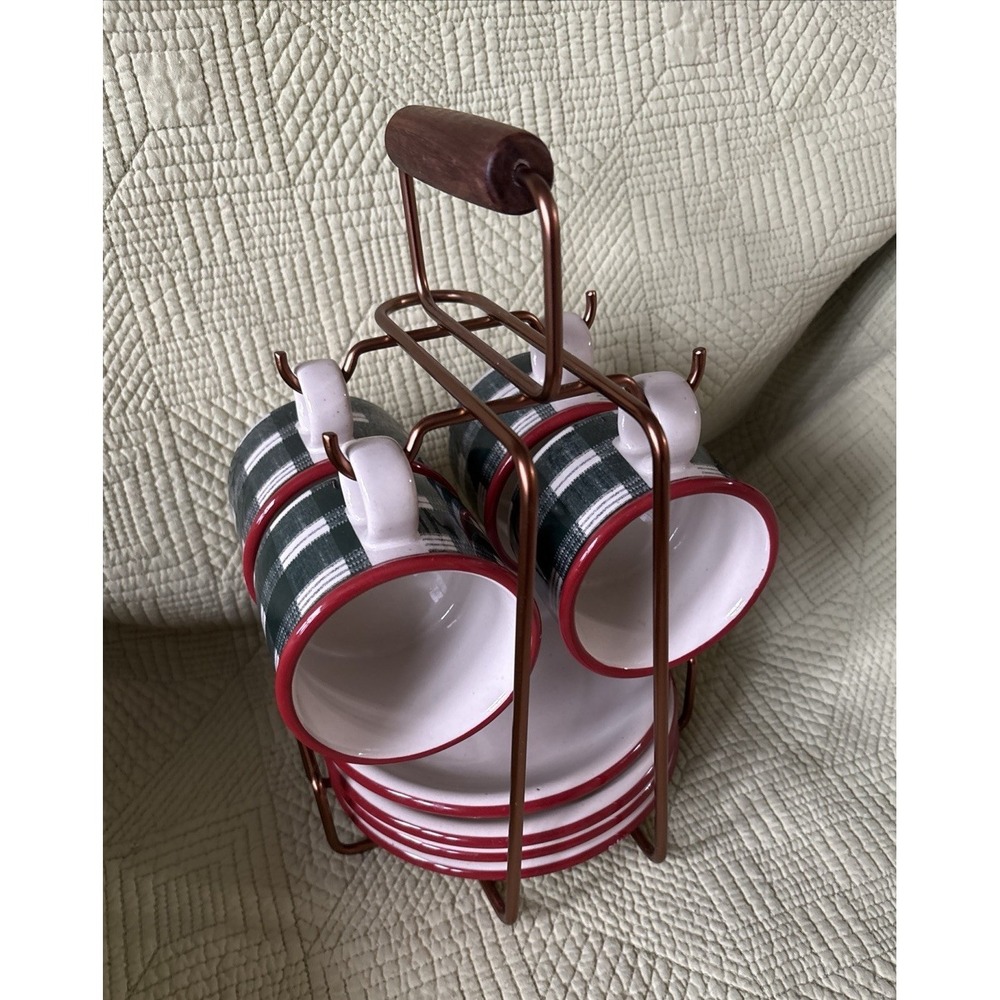 Hearth and Hand Magnolia Coffee Mug Set Stand Plaid Green Red Cups 9 Pieces 1